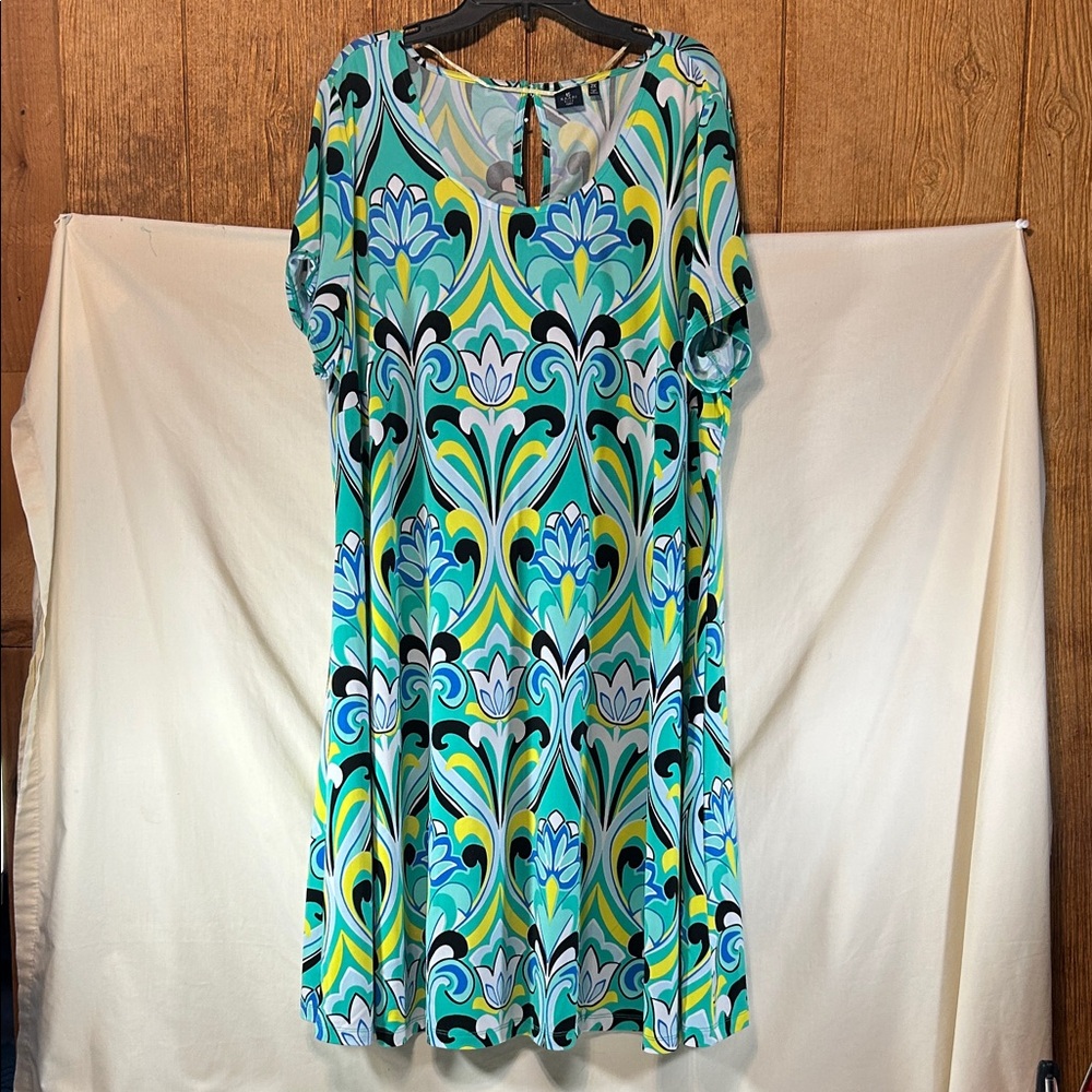 Kaari Blue Woman’s Vibrant Aqua & Blue Floral Swing Dress